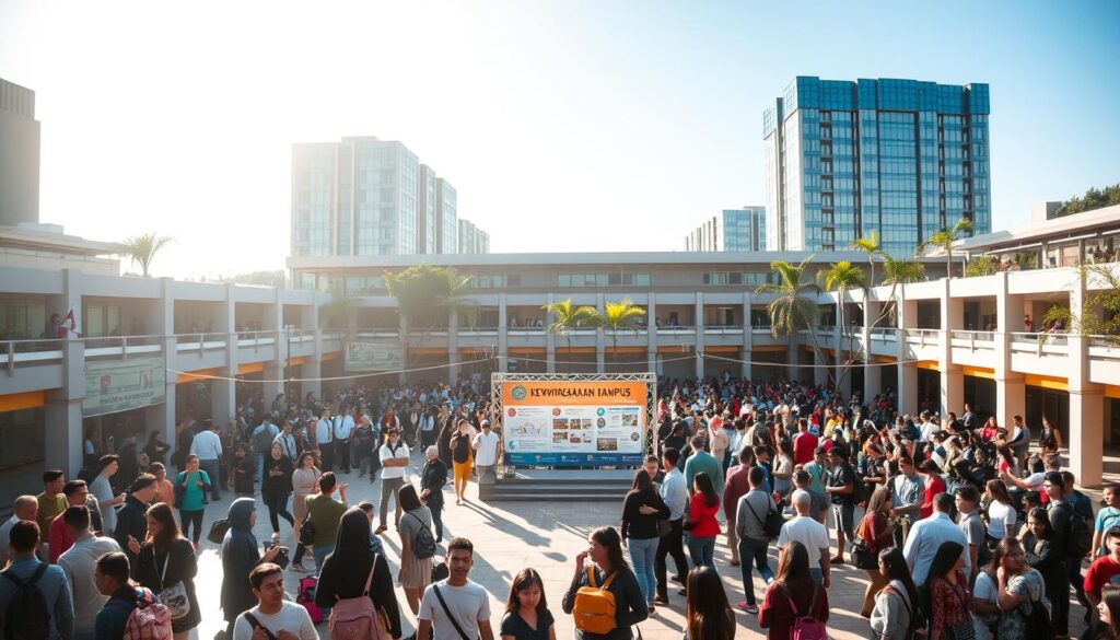 A bustling campus courtyard, bathed in warm sunlight and animated by a diverse crowd of enthusiastic students. In the center, a stage is set up, with banners and displays showcasing various entrepreneurial projects and initiatives. Students gather around, engaged in lively discussions, exchanging ideas and networking. In the background, modern academic buildings rise up, reflecting the vibrant energy of the "Program Kewirausahaan Kampus" - a hub of creativity, innovation, and opportunity for the next generation of student entrepreneurs. The scene captures the spirit of the "Juragan Edupreneur Pattern", where students are empowered to turn their innovative ideas into tangible businesses, shaping the future of their campus and beyond.