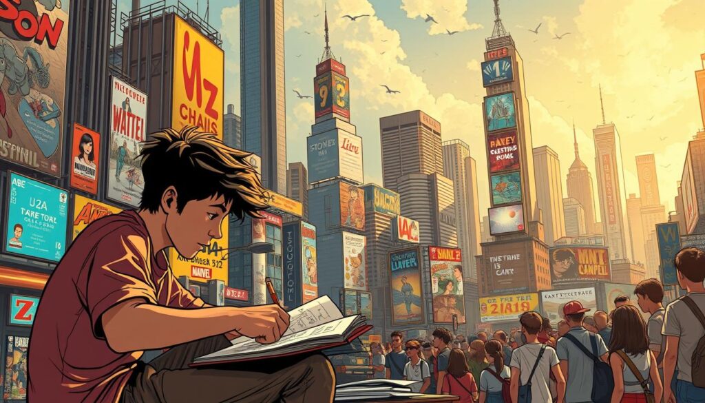 A bustling city skyline, where towering skyscrapers and neon-lit billboards coexist with the vibrant, hand-drawn panels of local comic books. In the foreground, a young artist sits hunched over a sketchbook, their brow furrowed in concentration as they draw inspiration from the eclectic visual styles surrounding them. The middle ground features a diverse array of comic book covers, some bearing the distinct aesthetic of foreign imports, while others showcase the unique voices and narratives of the domestic industry. In the background, a crowd of enthusiastic readers and aspiring creators gathers, their excitement palpable as they immerse themselves in the world of visual storytelling. Warm, golden lighting casts a dreamlike quality over the scene, conveying the powerful influence that international and local comics have on the artistic and cultural landscape.