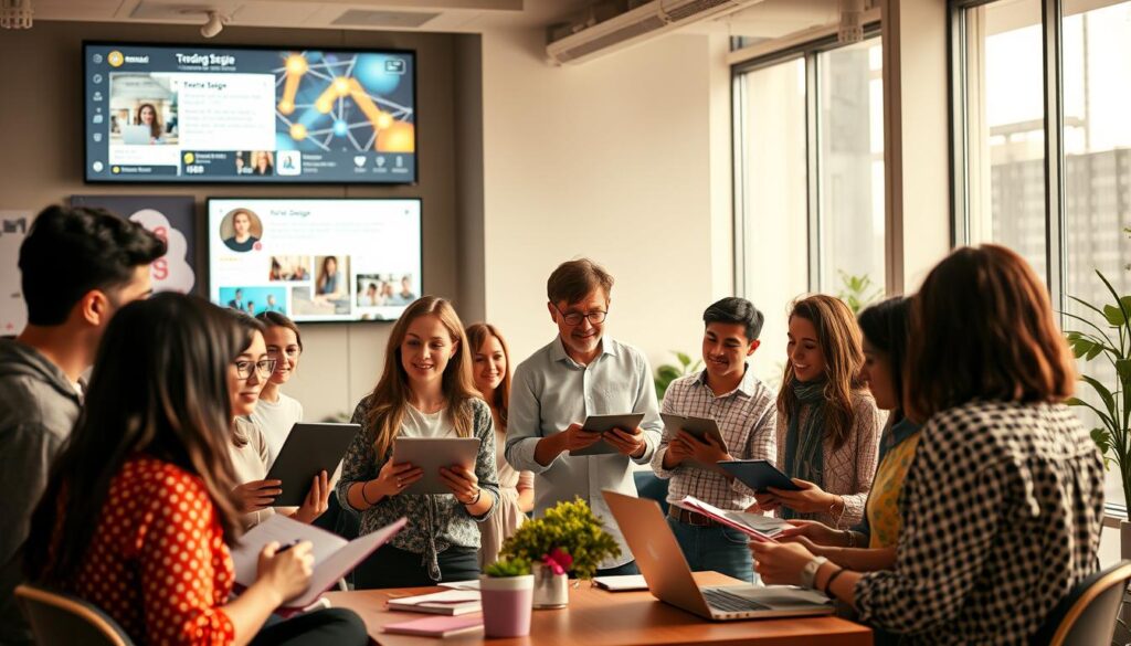 A bustling scene of social media and design networking. In the foreground, a diverse group of young professionals engaged in animated discussions, laptops and sketchpads in hand. The middle ground features a sleek, modern workspace with minimalist decor and large windows, conveying a sense of collaborative energy. In the background, digital screens display trending design topics, algorithms visualizing the interconnected web of online interactions. Warm, diffused lighting creates a cozy, inviting atmosphere, while the composition emphasizes the synergy between digital and physical realms. An image that captures the essence of building a freelance design career through strategic networking and social media engagement.