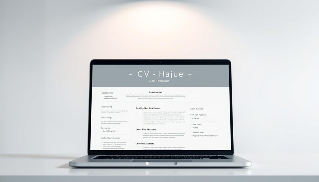 A clean, modern desktop with a laptop displaying a stylish, minimalist online CV template. The laptop screen is the focal point, showcasing a well-designed template with clear sections, typography, and layout. The background features a soft, blurred gray or white gradient, creating a professional, distraction-free environment. Subtle lighting from above casts a gentle, even illumination, highlighting the sleek lines and elegant design of the CV template. The overall mood is one of simplicity, sophistication, and digital productivity.