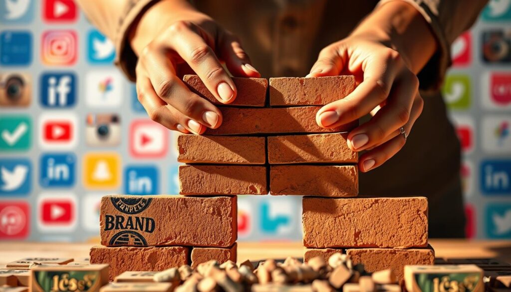A close-up shot of two hands carefully building a personal brand, brick by brick, against a blurred background of social media icons and logos. Warm, natural lighting illuminates the scene, casting soft shadows and highlights the intricate details of the construction process. The hands are working with precision and focus, symbolizing the dedication required to establish a strong personal brand. The overall mood is one of determination and a sense of progress, hinting at the transformative power of personal branding.