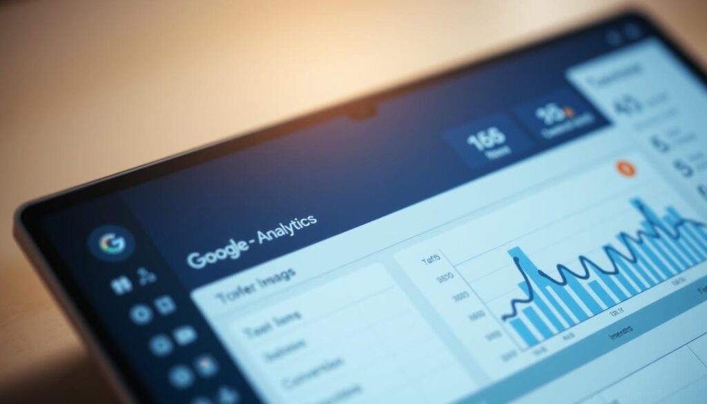 A close-up view of the Google Analytics dashboard, showcasing a sleek, minimalist interface with clean lines and a modern aesthetic. The dashboard displays key performance metrics such as website traffic, user engagement, and conversion rates, presented in a clear and visually appealing manner. The layout is well-organized, with intuitive data visualization tools and customizable widgets. The lighting is soft and diffused, creating a professional and sophisticated atmosphere. The camera angle is slightly elevated, providing a comprehensive overview of the dashboard's functionalities. The overall mood is one of data-driven insights and strategic decision-making, perfectly suited for the "Memahami Google Analytics untuk Analisis Data" section.