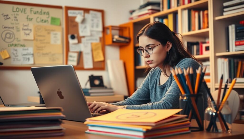 A college student, Dana, sits at a desk, intently focused on her laptop screen. The scene is bathed in warm, golden light, casting a cozy, productive atmosphere. In the foreground, a stack of colorful folders and a jar of pens suggest her active engagement in a creative project. The middle ground features a bulletin board adorned with inspirational notes and sketches, hinting at the ideation process. In the background, shelves brimming with books and art supplies convey a sense of academia and resourcefulness. The overall composition evokes a sense of determination and the student's proactive approach to securing the necessary funding and resources for her creative endeavor.