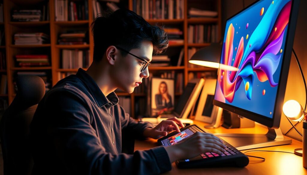 A college student deeply immersed in graphic design, surrounded by a workspace filled with digital art tools - sleek tablets, a state-of-the-art monitor, and an ergonomic keyboard. Vibrant colors and abstract shapes dance across the screen, reflecting the creative process. Warm, focused lighting illuminates the scene, casting a contemplative atmosphere. In the background, a bookshelf overflows with design reference materials, hinting at the student's dedication to honing their craft. The composition conveys a sense of passion, intellect, and the rewarding journey of pursuing design excellence.