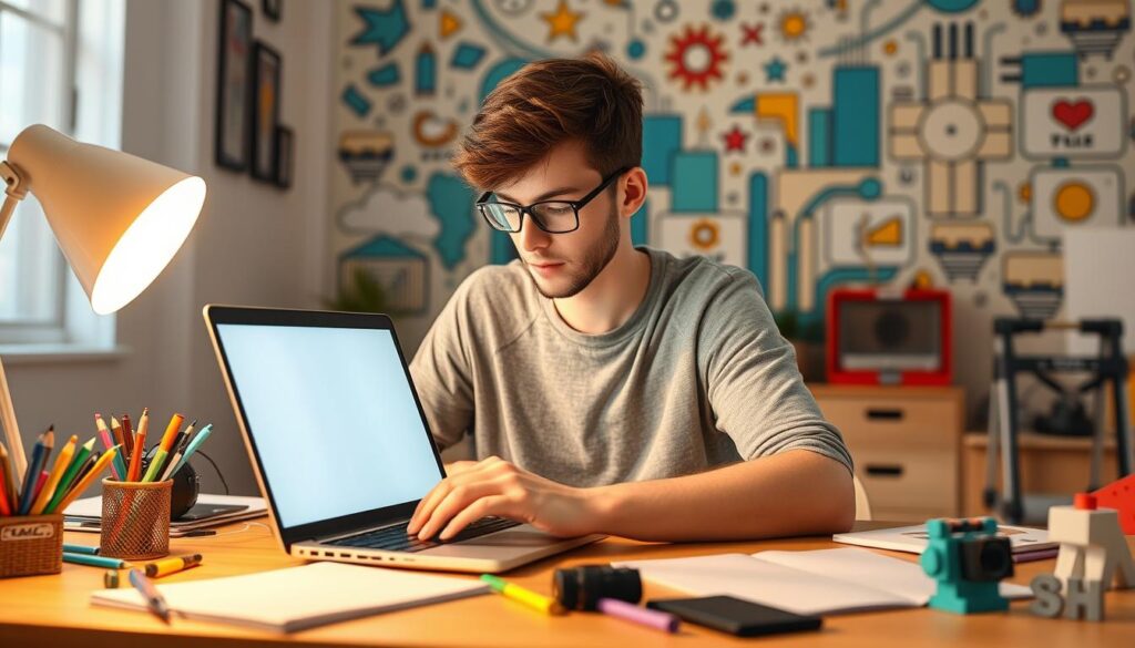 A college student sits at a desk, intently focused on a laptop screen, their hands typing away. The room is bathed in a soft, warm light, creating a cozy and productive atmosphere. Surrounding the student are various creative tools - a sketchpad, colorful pens, a camera, and a 3D-printed object. The background features a stylized, digital-inspired mural, conveying a sense of technological innovation and artistic expression. The scene captures the essence of leveraging technology to fuel creative pursuits, as the student is immersed in a world of digital exploration and artistic experimentation.