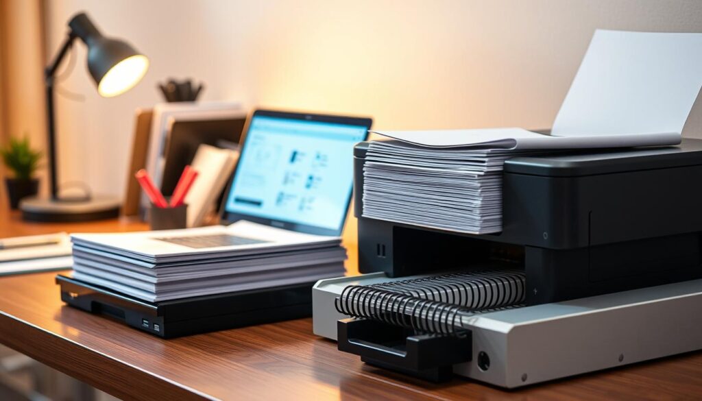 A college student's desk, illuminated by a warm lamp, featuring a laptop, stationery, and a stack of neatly bound documents. In the foreground, a high-quality printer and a professional-grade binding machine stand ready to assist with the student's academic tasks. The scene exudes a productive and organized atmosphere, capturing the essence of a dedicated workspace for printing and binding services catered to the needs of university students.
