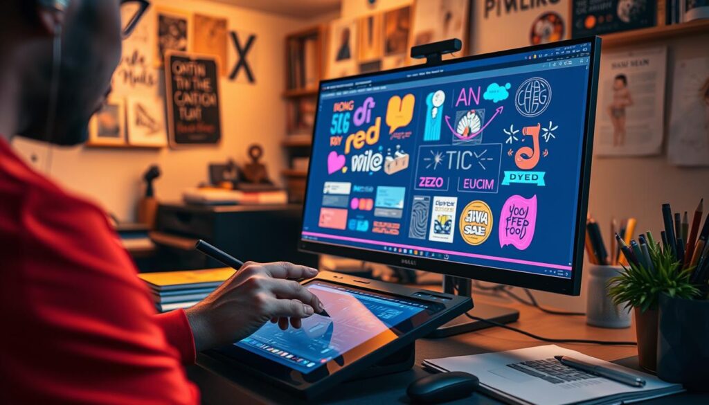 A digital artist's workstation, bathed in warm, focused lighting. On the screen, vibrant design elements take shape - sleek typography, bold colors, and intricate illustrations. In the foreground, a skilled hand manipulates a graphics tablet, bringing the vision to life. The background reveals a carefully curated workspace, with inspirational mood boards, design books, and carefully organized tools. An atmosphere of creative focus and technical mastery pervades the scene, capturing the essence of the graphic designer's craft.