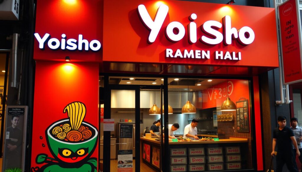 A lively, modern ramen shop with a vibrant storefront in a bustling Indonesian city. The exterior features a bold, colorful mural depicting a stylized ramen bowl and noodles, hinting at the fusion cuisine within. The entrance is framed by sleek, minimalist signage in Japanese and Indonesian scripts, reading "Yoisho Ramen Halal". Warm, diffused lighting spills out onto the street, drawing curious passersby. Through the large windows, one can glimpse the open kitchen where chefs skillfully prepare steaming bowls of ramen, garnished with fresh, halal ingredients. An inviting, casual atmosphere pervades the space, blending traditional and contemporary elements.