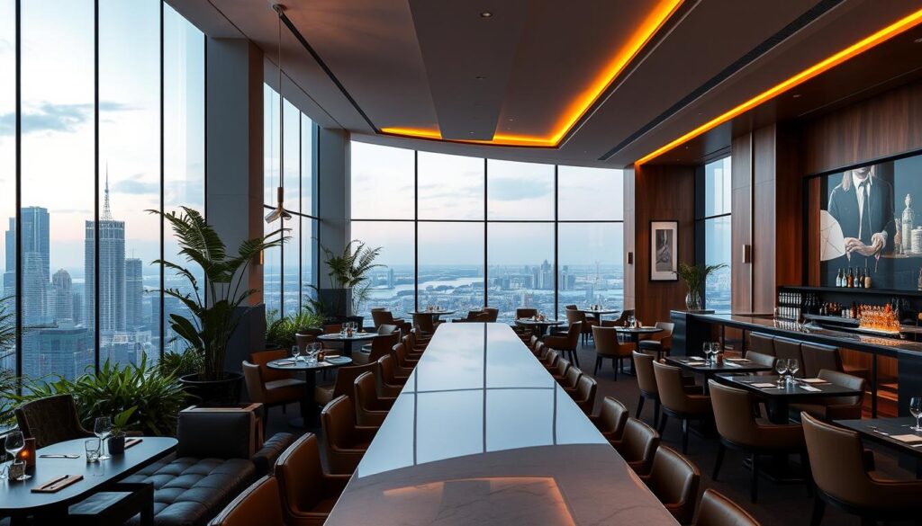 A lush, contemporary sky lounge with a breathtaking view of the bustling cityscape. The sleek, minimalist interior features floor-to-ceiling windows that flood the space with natural light, offering a panoramic vista of towering skyscrapers and a vibrant horizon. Plush leather seating and elegant wooden accents create a warm, sophisticated ambiance, while strategically placed mood lighting casts a soft, inviting glow. Lush greenery and carefully curated artwork adorn the walls, adding pops of color and texture. The centerpiece is a stunning bar, its polished surface reflecting the twinkling lights of the city below. An air of exclusivity and refinement permeates the space, promising an elevated dining and lounge experience.
