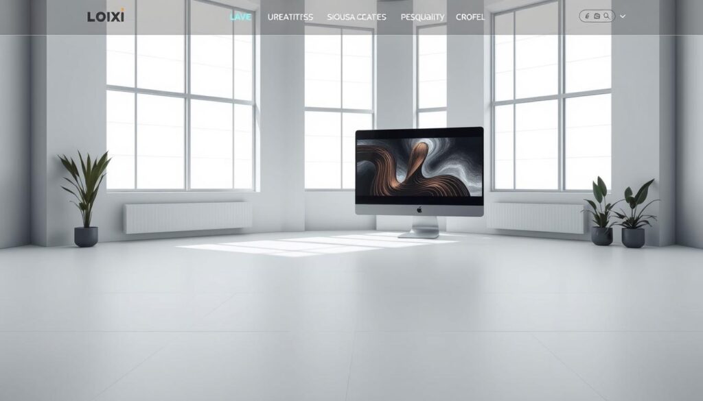 A minimalist website design with a clean, sleek aesthetic and a focus on showcasing the creator's work. A modern, well-lit interior space with large windows that allow natural light to flood the scene. The layout features a simple grid-based structure, with ample white space and muted color palettes that emphasize the visual elements. The centerpiece is a high-quality digital artwork or portfolio piece, displayed prominently on a large screen or monitor. Subtle textures, such as brushed metal or natural wood, add depth and character to the overall composition. The mood is one of refined elegance and understated sophistication, reflecting the personal style and creative talent of the student designer.