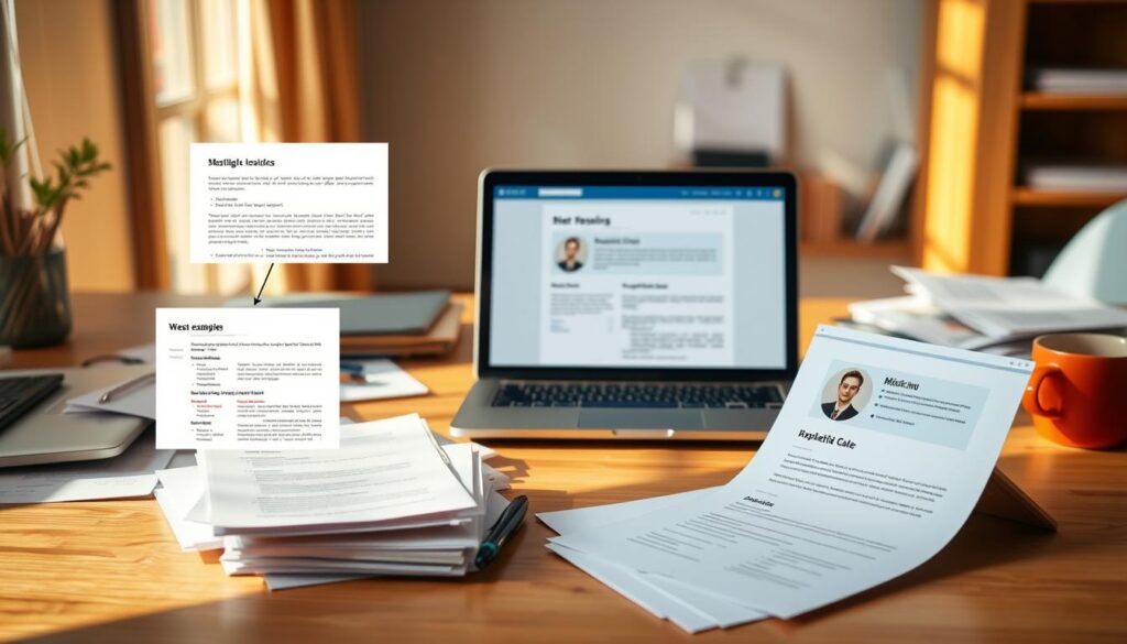 A neatly organized desktop with scattered documents, a laptop, and a coffee mug, all bathed in warm, natural lighting. In the foreground, a series of common mistakes in online CV creation are illustrated through visual metaphors - a misaligned resume section, a cluttered layout, and a generic, impersonal profile photo. The middle ground features a well-crafted, visually appealing online CV template, contrasting with the messy examples. The background suggests a cozy, productive workspace, encouraging the viewer to create their own standout digital resume.