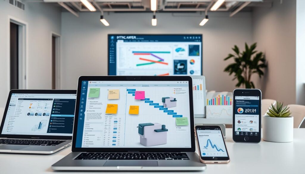 A neatly organized workspace with an array of digital project management tools and technologies. In the foreground, a laptop, tablet, and smartphone are displayed, showcasing various software interfaces for task management, team collaboration, and data visualization. The middle ground features a tactile project board with sticky notes, a Gantt chart, and a 3D model of a product design. In the background, a minimalist office setting with clean lines, task lighting, and a large monitor displaying a project dashboard. The scene conveys a sense of efficiency, connectivity, and a harmonious blend of analog and digital workflows for effective digital project management.