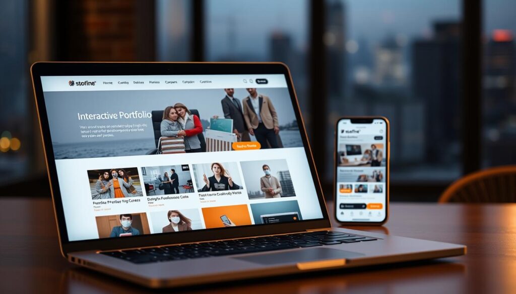 A professional online portfolio website, with a sleek and modern design. In the foreground, a laptop displays an interactive digital portfolio, showcasing a range of creative projects and skills. The portfolio is presented in a clean, minimalist layout, with prominent call-to-action buttons. In the middle ground, a smartphone displays the portfolio website on a mobile device, highlighting its responsive design. The background features a blurred cityscape, symbolizing the global, digital workplace. The lighting is soft and warm, creating a professional and inviting atmosphere. The overall scene conveys the importance of a well-curated online portfolio in standing out from the competition in the modern job market.