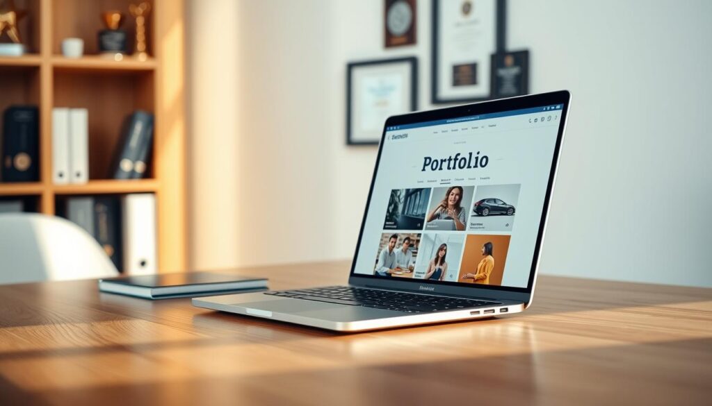 A serene and professional-looking office scene, with a laptop screen displaying a sleek and visually appealing online portfolio. The laptop is situated on a tidy wooden desk, bathed in soft, directional lighting that creates subtle shadows and highlights the details. In the background, a bookshelf or wall displays awards, certificates, or other achievements, conveying a sense of accomplishment and expertise. The overall atmosphere is one of sophistication, organization, and the value of a well-curated online presence in the modern workforce.