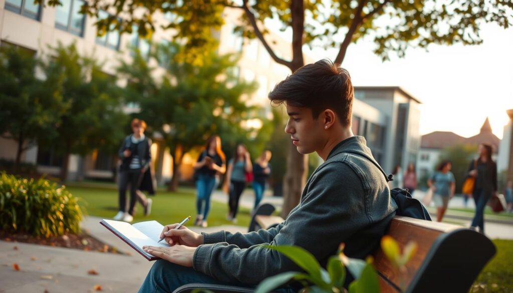 A serene university campus scene, with a student sitting on a bench, contemplating and writing in a notebook. The foreground features the student, their face focused and pensive, surrounded by lush greenery and a few scattered leaves. In the middle ground, other students are walking by, some carrying books, others engaged in conversation. The background showcases the university's architecture, with a mix of modern and traditional buildings, bathed in a warm, golden-hour lighting. The overall atmosphere conveys a sense of academic contemplation and the potential benefits of blogging for personal and professional growth.