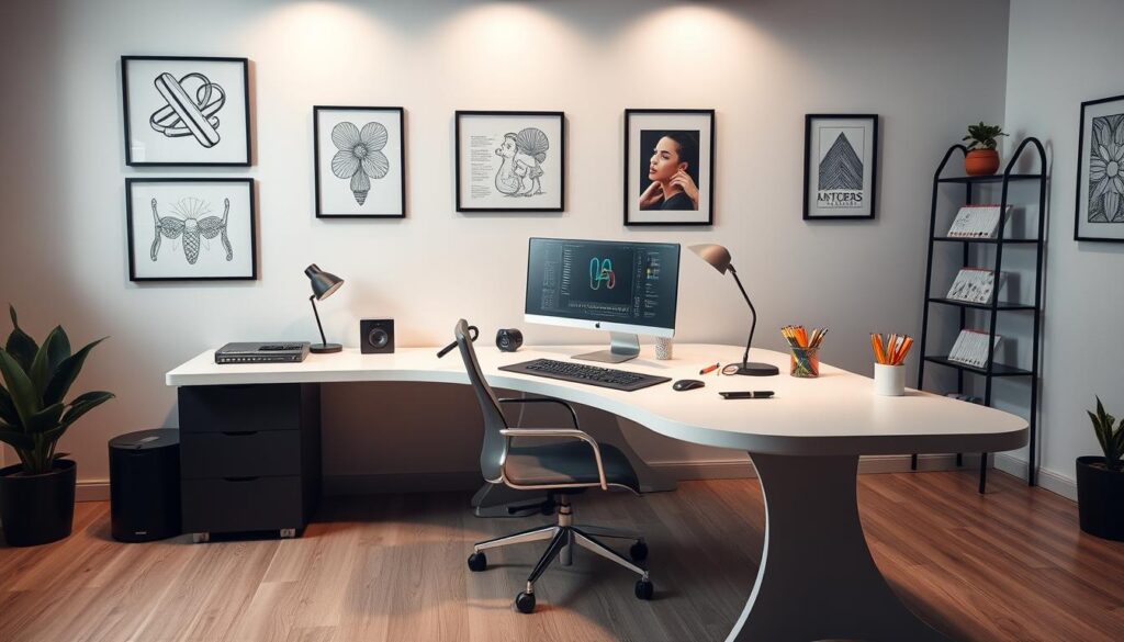 A sleek, minimalist office workspace with a large, curved desk and modern ergonomic chair. On the desk, various design tools are neatly arranged - a graphics tablet, a high-resolution computer monitor, a stylus, and a collection of colorful markers and pens. The walls are adorned with framed illustrations and digital artworks, showcasing the designer's creative flair. Soft, directional lighting from overhead fixtures casts a warm glow, highlighting the attention to detail in the space. The overall atmosphere exudes a sense of focus, productivity, and artistic expression, perfectly encapsulating the tasks and responsibilities of a skilled graphic designer.