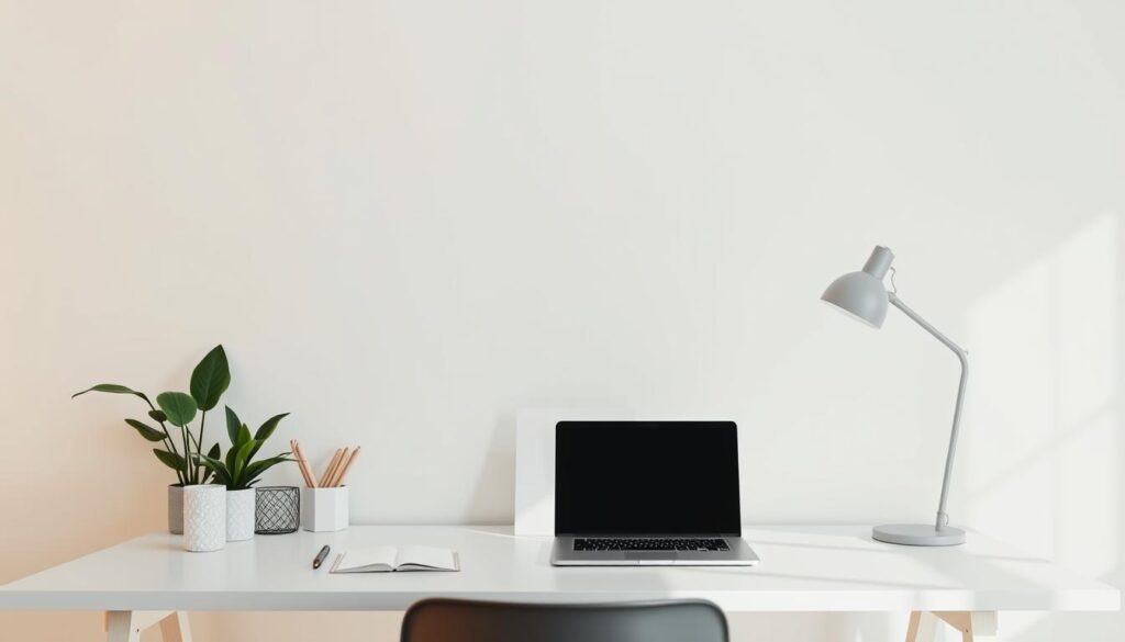 A sleek, minimalist office workspace with a neatly organized desk featuring a laptop, stationery, and a potted plant. The background showcases a clean, monochromatic wall with a stylish geometric pattern, creating a harmonious and focused environment. Warm, directional lighting casts subtle shadows, emphasizing the layout and design elements. The scene conveys a sense of professionalism, productivity, and thoughtful visual aesthetics, suitable for a fresh graduate's resume design.