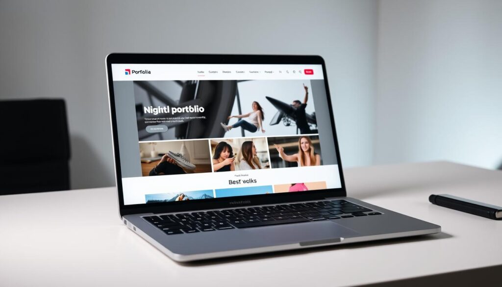 A sleek, modern digital portfolio on a laptop screen, displayed against a minimalist workspace backdrop. The portfolio features a clean, visually appealing design with well-organized sections showcasing the owner's best work. Soft, directional lighting illuminates the screen, creating a professional and inviting atmosphere. The laptop is positioned on a simple, minimalist desk, with a subtle gradient or blurred background highlighting the focal point. The overall scene conveys a sense of pride, accomplishment, and the ease of sharing one's creative portfolio in the digital age.