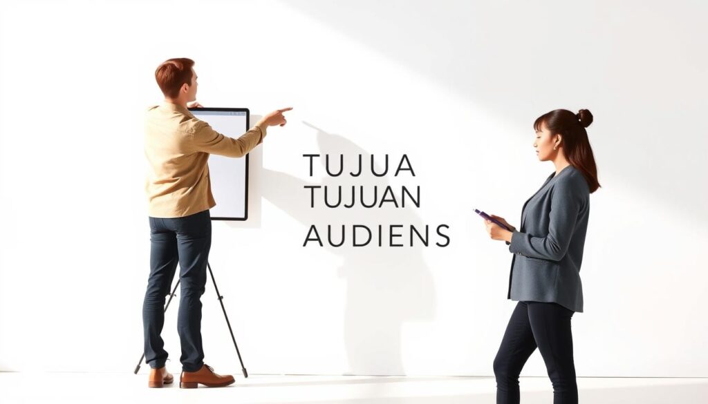A sleek, modern educational poster on a minimalist white backdrop. In the foreground, two people - one pointing at a digital presentation, the other taking notes - represent the target audience. The middle ground features a large, stylized text "TUJUAN DAN AUDIENS" in a clean sans-serif font, conveying the poster's purpose. The background has subtle geometric shapes and patterns, creating a sophisticated visual hierarchy. Warm, natural lighting from the side casts soft shadows, emphasizing the collaborative, informative atmosphere. The overall aesthetic is elegant, visually engaging, and optimized for digital and print display.