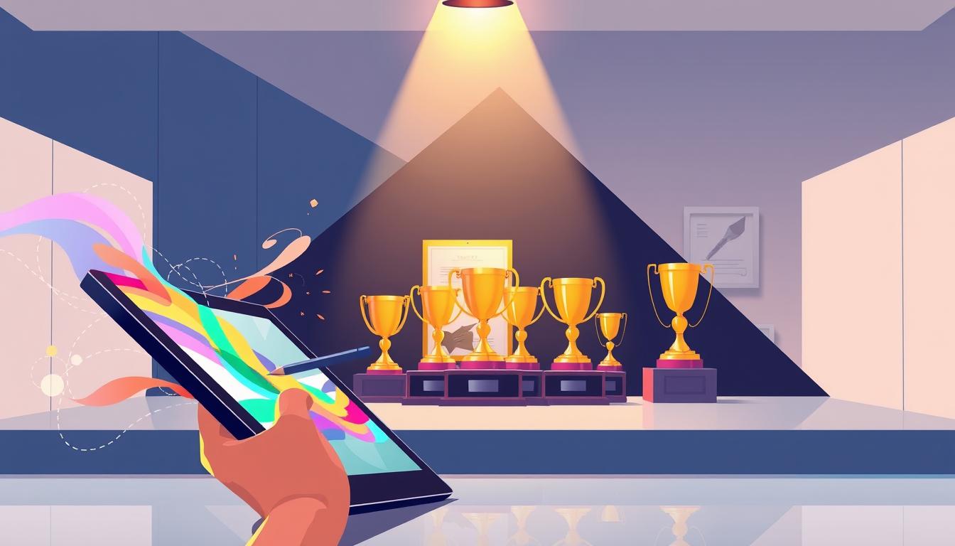 A sleek, modern illustration showcasing various tips for success in design competitions. In the foreground, a stylized hand holding a digital drawing tablet, with vibrant abstract shapes and patterns cascading across the frame. In the middle ground, a group of award trophies and certificates, glowing with a soft, warm light. The background features a sophisticated geometric backdrop, with clean lines and a subtle color palette, conveying a sense of professionalism and accomplishment. The overall scene is illuminated by a directional light source, casting dramatic shadows and highlights to create depth and drama. The mood is one of achievement, inspiration, and the thrill of creative success.