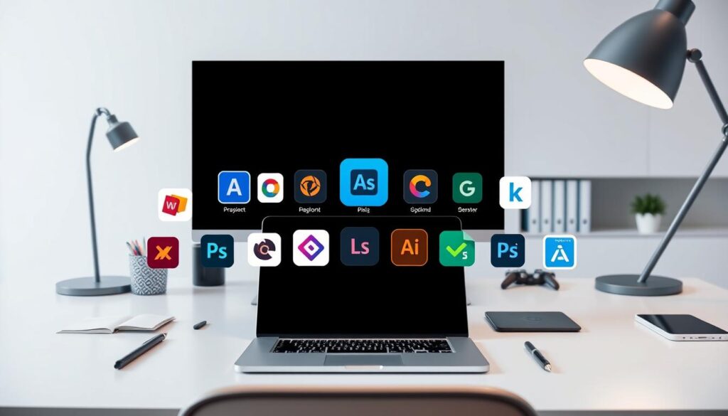 A sleek, modern office desk with a selection of design software icons prominently displayed. The foreground features a laptop, stylus, and various design tools arranged in an aesthetically pleasing layout. The middle ground showcases different app logos representing popular graphic design, photo editing, and vector illustration programs. The background depicts a minimalist, well-lit workspace with clean lines and neutral tones, creating a professional and focused atmosphere. The overall scene conveys a sense of thoughtful decision-making when choosing the right design application for a specific project.
