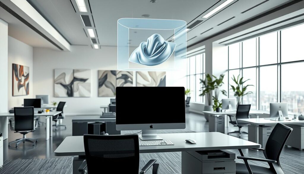 A sleek, modern office space filled with cutting-edge technology and elegant design elements. In the foreground, a stylized computer workstation with a high-resolution display and minimalist peripherals. Floating above the desk, a holographic projection showcases a 3D model, hinting at the seamless integration of technology and design. The middle ground features ergonomic furniture and abstract wall art, creating a harmonious balance between function and aesthetics. Expansive windows in the background allow natural light to flood the space, fostering an atmosphere of creativity and innovation. Soft, directional lighting accentuates the clean lines and sophisticated color palette, reflecting the synergy between technology and design.