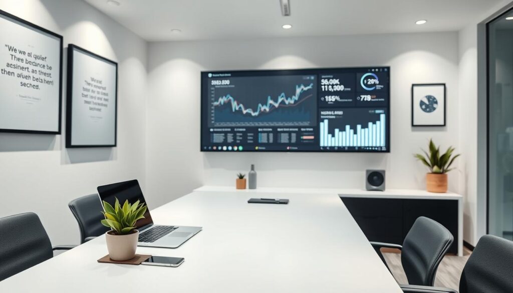 A sleek, modern office workspace with a clean, minimalist aesthetic. On the desk, a laptop, a smartphone, and a potted plant sit neatly arranged, symbolizing the intersection of technology and nature in personal branding. The walls are adorned with framed inspirational quotes and a large monitor displaying social media analytics. Soft, directional lighting illuminates the scene, creating a professional and focused atmosphere. In the background, a blurred cityscape can be seen through the window, hinting at the global reach of personal branding in the digital age.