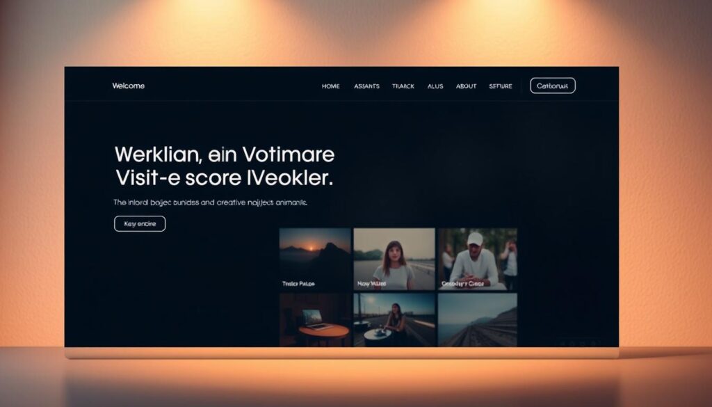 A sleek, modern personal website with a visually engaging animated header. In the foreground, a sophisticated hero section showcases a bold, minimalist layout with subtle parallax scrolling effects. The middle ground features a portfolio grid displaying creative project thumbnails, each with delicate hover animations. In the background, a subtle, textured gradient creates depth and sophistication. Warm, diffused lighting casts a soft, inviting glow, while a cinematic camera angle emphasizes the dynamic, responsive design. The overall mood is professional yet captivating, inspiring viewers to explore the website's content further.