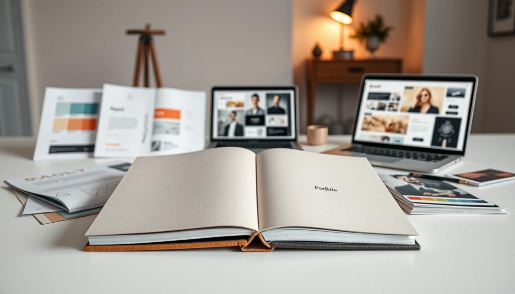 A sleek, modern portfolio showcasing a range of stylish graphic design projects. The foreground features a clean-lined portfolio book with a tactile, matte cover in a neutral tone. Arranged artfully around it are various design elements - sketches, color swatches, and digital mockups, all illuminated by soft, diffused lighting that lends an air of professionalism. The middle ground showcases a laptop display presenting additional design work, while the background subtly hints at a minimalist workspace with simple furniture and decor, creating an elegant, inspiring atmosphere for a budding freelance designer's portfolio.