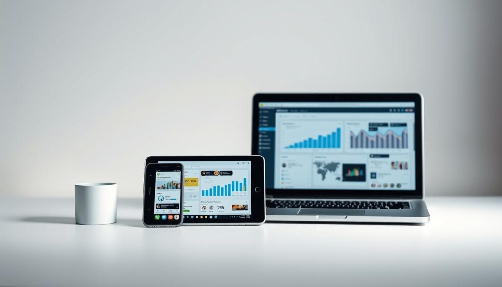 A sleek, modern social media marketing strategy unfolds on a clean, minimalist background. In the foreground, an array of digital devices - a smartphone, tablet, and laptop - showcase social media platforms and analytics dashboards. Subtle lighting accentuates the refined aesthetic, while a sense of focus and intentionality pervades the scene. In the middle ground, icons, graphs, and data visualizations illustrate the metrics and insights driving effective social media campaigns. The overall atmosphere conveys a balance of professionalism, technology, and strategic digital marketing expertise.