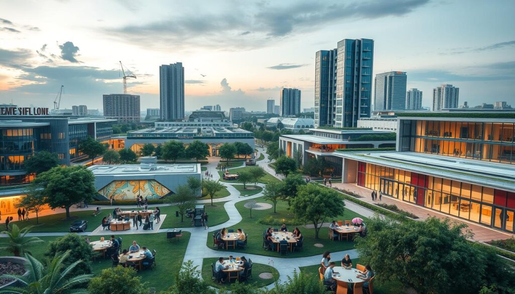 A sprawling, modern campus nestled amidst lush greenery, with sleek, glass-paneled buildings and cutting-edge technology hubs. In the foreground, students collaborate at communal workstations, surrounded by vibrant murals and interactive displays. The middle ground features state-of-the-art laboratories and makerspaces, where innovative projects are brought to life. In the background, towering, energy-efficient structures housing lecture halls and research facilities, illuminated by warm, natural lighting. An atmosphere of creativity, discovery, and boundless potential permeates the scene, capturing the essence of a "Creative Technology Campus" at the forefront of digital-age education.