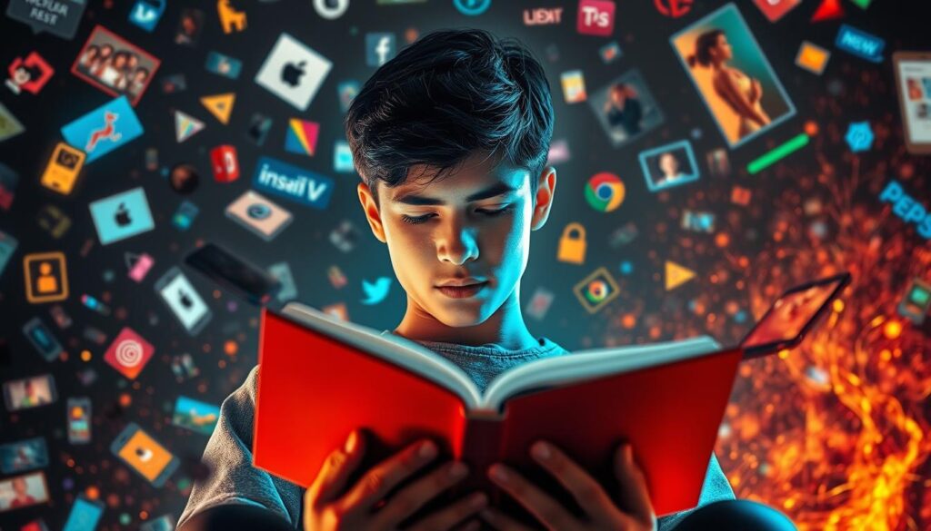 A student intently reading a book while digital devices and trending content swirl around them, creating an immersive and dynamic scene. Soft, warm lighting illuminates the focused expression on their face, while vibrant colors and textures in the background represent the ever-evolving digital landscape. The composition emphasizes the student's dedication to learning and personal growth, amidst the distractions and rapid changes of the modern era. A sense of balance and harmony pervades the image, conveying the notion of harnessing technology and trends to enhance one's creativity and intellectual pursuits.