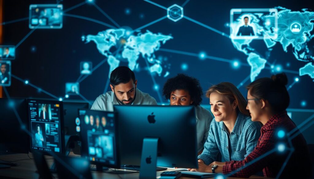 A team of remote professionals collaborating across a digital landscape, their screens and devices connected by a web of dynamic lines and holographic interfaces. In the foreground, a trio of colleagues brainstorm ideas, their expressions focused yet collaborative, illuminated by the soft glow of their workstations. In the middle ground, data visualizations and video feeds create a tapestry of information, facilitating seamless communication. The background evokes a sense of global connectivity, with a world map or satellite imagery hinting at the distributed nature of the team. Subtle lighting and depth of field emphasize the three-dimensional, immersive nature of this remote workspace.