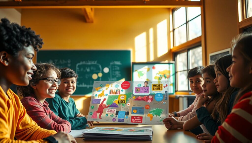 A vibrant classroom setting, bathed in warm, natural lighting that streams through large windows. In the foreground, a group of diverse students engrossed in a visually engaging learning activity, their expressions exuding a sense of excitement and curiosity. The middle ground features a dynamic display of colorful illustrations, infographics, and interactive visuals that captivate the learners' attention. In the background, a chalkboard or projection screen displays a visually striking presentation, complementing the overall visual storytelling experience. The atmosphere is one of collaborative learning, where the integration of visuals seamlessly enhances the students' motivation and engagement.