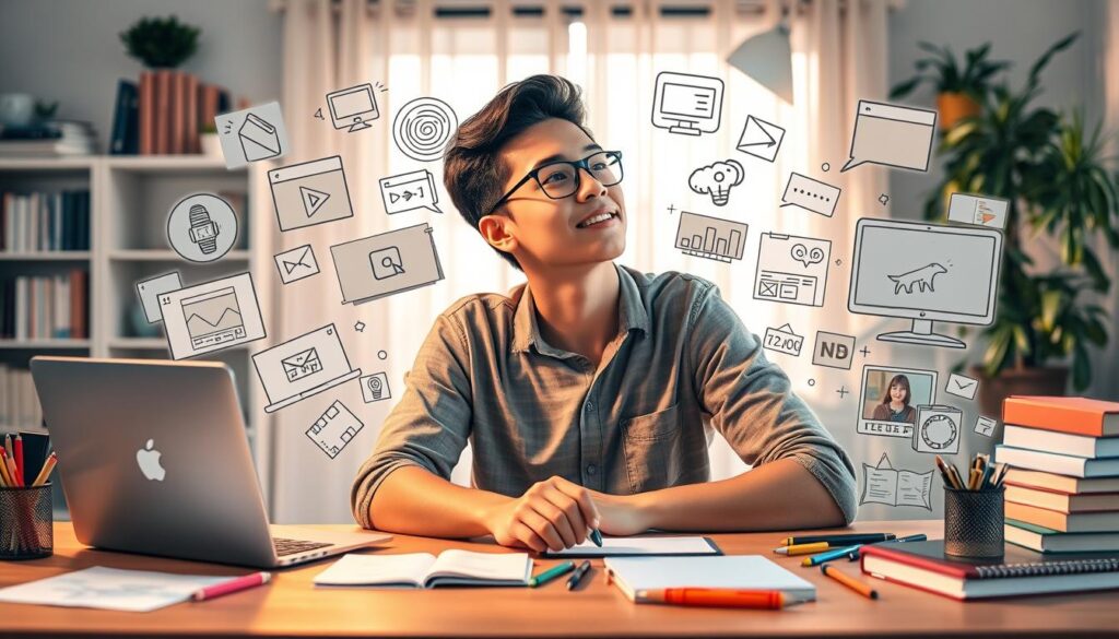 A vibrant, creative college student sits at a desk, lost in thought, surrounded by a collage of video editing tools and inspirational visuals. Soft, warm lighting illuminates the scene, casting a cozy, contemplative atmosphere. In the background, a bookshelf and plants add a touch of academia, while the foreground features a laptop, sketchpad, and various stationery items, hinting at the ideation process. The composition suggests a balance between technology, creativity, and scholarly pursuit, perfectly capturing the essence of "Ide Kreatif untuk Proyek Video Kuliah".