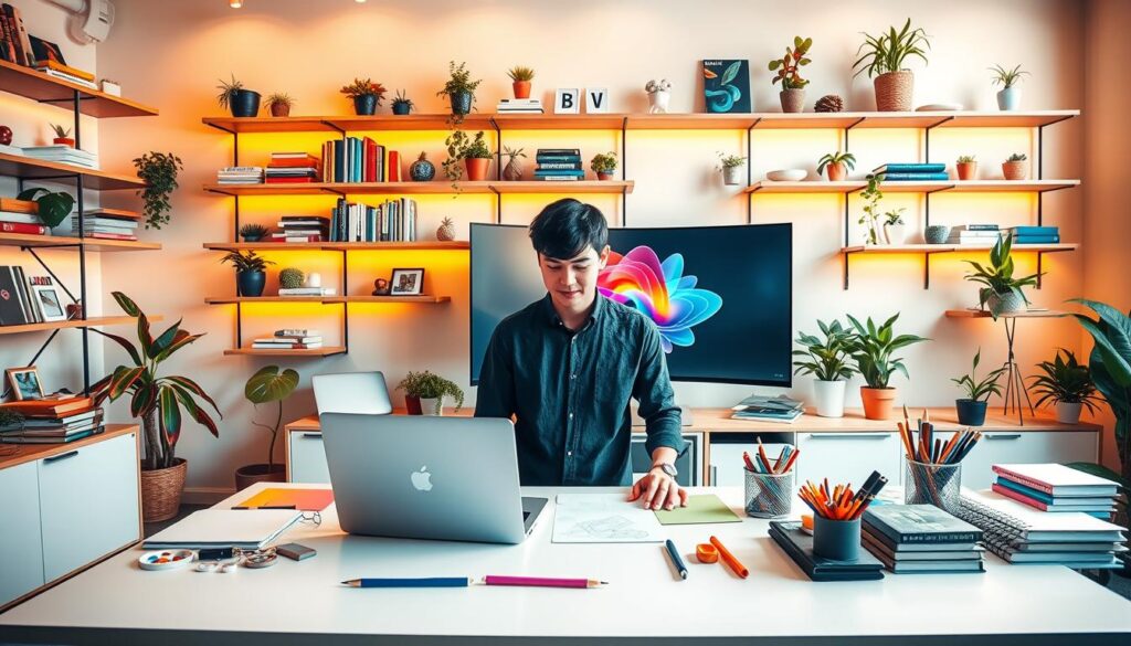 A vibrant, dynamic workspace filled with creative tools and digital devices. In the foreground, a young professional stands at a sleek, minimalist desk, laptop open and surrounded by colorful stationery, sketchpads, and a stylus. The middle ground showcases a large, curved monitor displaying a visually striking digital design. The background features a wall of floating shelves showcasing design books, plants, and other inspiring decor, all bathed in warm, diffused lighting that creates a focused, productive atmosphere. The overall scene conveys a sense of innovation, opportunity, and the fusion of traditional and digital creative practices.
