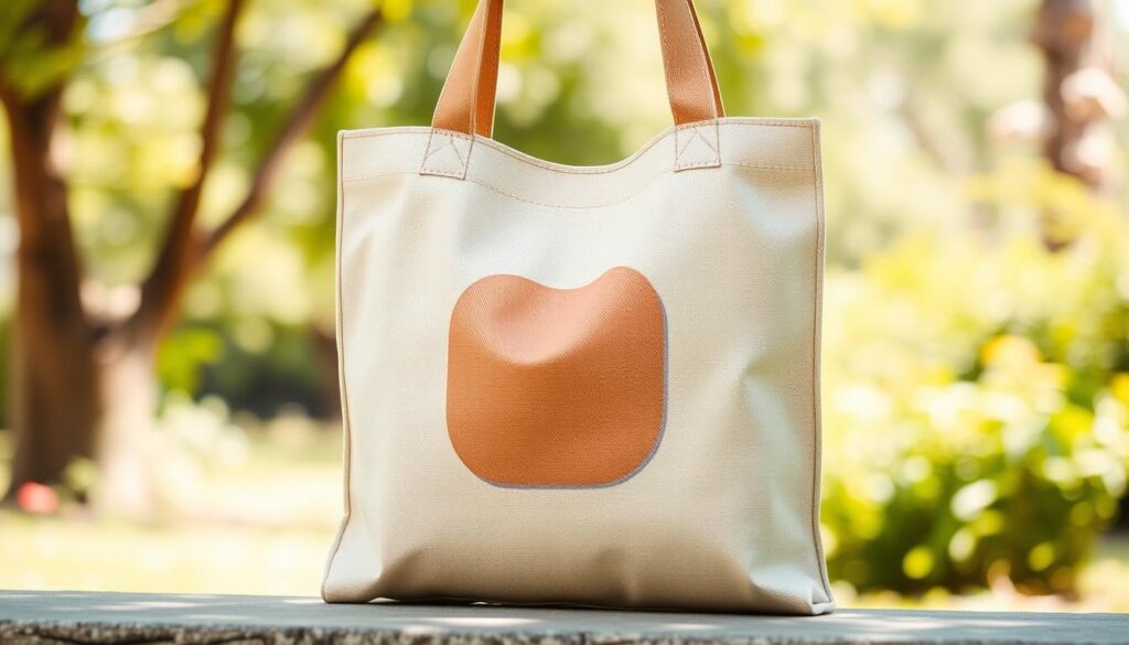 A vibrant, minimalist tote bag made of durable, eco-friendly canvas material. The bag features a simple, yet stylish design with a bold, graphic pattern in muted, earthy tones that evoke a sense of sustainability and modern aesthetics. The bag is displayed against a bright, natural background, perhaps a sun-dappled park or garden, to highlight its versatility and appeal to a young, environmentally-conscious consumer. Soft, diffused lighting casts gentle shadows, emphasizing the high-quality craftsmanship and tactile quality of the bag. The composition is clean and balanced, showcasing the tote bag as the central focus, with just enough context to suggest its practical everyday use.