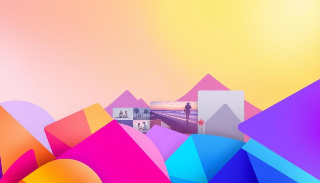 A vibrant, modern composition showcasing a harmonious blend of abstract shapes and photographic elements. In the foreground, dynamic geometric forms in a spectrum of bold, saturated hues interlock and overlap, creating a sense of depth and visual interest. Transitioning into the middle ground, a series of stylized, minimalist photographic images are seamlessly integrated, adding a touch of realism and grounding the abstract elements. The background features a softly blurred, gradient-based color field, providing a subtle yet captivating backdrop that enhances the overall aesthetic. Lighting is subtle and diffused, casting a warm, contemporary glow across the entire scene. The overall mood is one of youthful energy, creativity, and a fresh, forward-thinking design sensibility, perfectly suited to inspire modern student presentations.