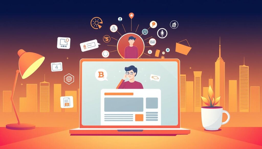 A vibrant, modern illustration depicting the strategic process of building a personal brand through blogging. In the foreground, a laptop displays a blog interface, surrounded by stylized icons representing key branding elements such as social media, networking, and content creation. In the middle ground, a person is thoughtfully curating their online presence, with a halo of inspiration and ideas swirling around them. The background features a sleek, minimalist cityscape, symbolizing the digital landscape in which personal branding thrives. Warm lighting, clean lines, and a cohesive color palette convey a sense of focus, professionalism, and growth.