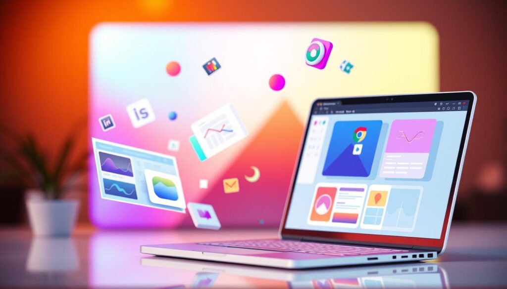 A vibrant, modern illustration of graphic design tools and elements. In the foreground, a stylized laptop or tablet displays various design software interfaces, icons, and UI elements floating and interacting dynamically. The middle ground features sleek, minimalist graphics and shapes in a gradient color palette, hinting at the creative possibilities of digital design. The background has a soft, blurred bokeh effect, creating a sense of depth and emphasizing the focus on the central design tools. Warm, diffused lighting illuminates the scene, conveying a sense of creativity, innovation, and the power of online graphic design platforms.
