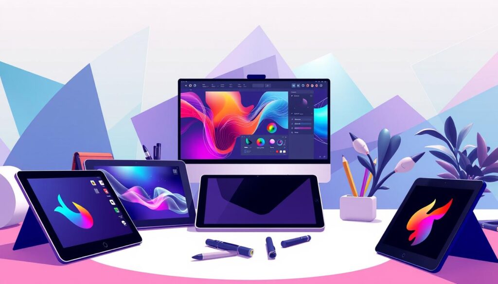 A vibrant, modern illustration showcasing a diverse set of graphic design tools. In the foreground, a collection of digital tablets, styluses, and design software icons are arranged artfully. The middle ground features a minimalist desktop workspace with a large monitor displaying a dynamic design interface. In the background, overlapping geometric shapes, gradients, and abstract textures create a visually engaging, high-tech environment. The lighting is soft, directional, and highlights the sleek, sophisticated nature of the graphic design tools. The overall mood is one of creativity, productivity, and the digital age of visual expression.