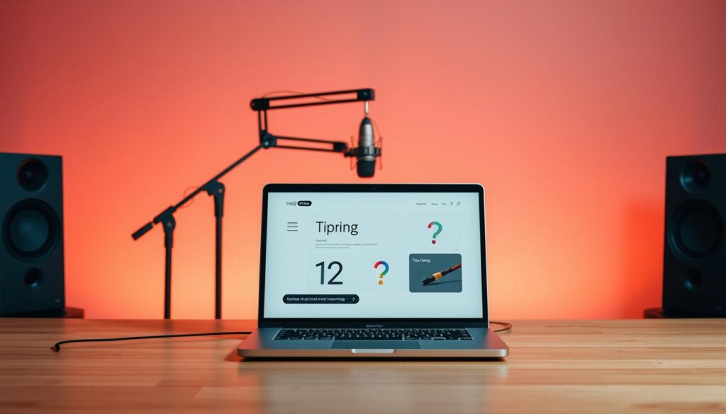 A vibrant presentation video backdrop showcasing a minimalist, modern design. In the foreground, a stylized laptop displays presentation slides with elegant typography and clean visuals. The middle ground features a sleek, brushed metal desk with a professional microphone, signifying a recording setup. The background has a gradient of warm, muted colors, creating a focused, sophisticated atmosphere. Soft, directional lighting casts subtle shadows, emphasizing the three-dimensional elements. The overall composition exudes a sense of productivity, creativity, and thoughtful presentation.