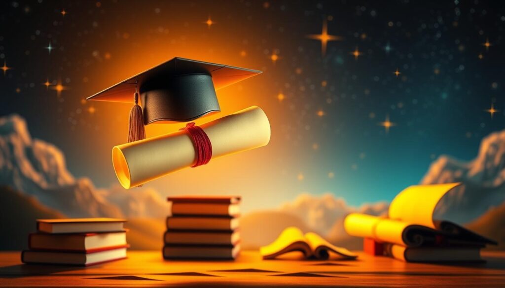 A vibrant, visually engaging depiction of educational and academic achievements. A student's diploma and graduation cap float in the foreground, backlit by a warm, golden glow. In the middle ground, books, scrolls, and academic regalia symbolize the journey of learning. The background features a starry, ethereal landscape, hinting at the vast potential and opportunities unlocked through education. Soft, directional lighting casts dramatic shadows, adding depth and dimension to the scene. The overall mood is one of pride, wonder, and a sense of limitless possibility.