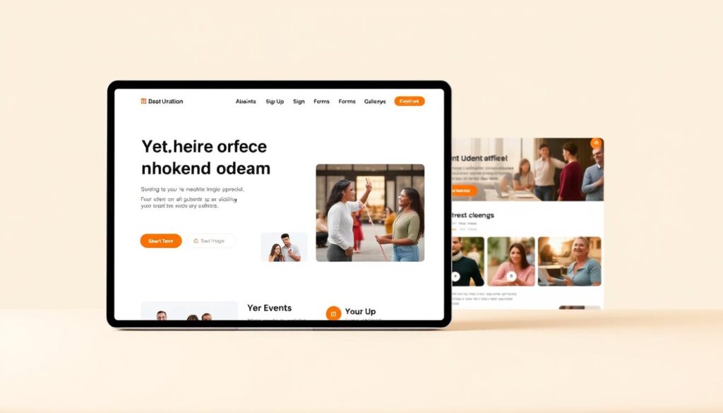 A visually appealing website showcasing the vibrant activities of a student organization. In the foreground, a clean and modern web design with a minimalist layout, featuring large hero images highlighting various student events and gatherings. The middle ground showcases interactive elements like event calendars, sign-up forms, and photo galleries, all seamlessly integrated into the website's structure. The background presents a soft, warm color palette that evokes a sense of community and collaboration, complemented by subtle patterns or textures that add depth and visual interest. The overall aesthetic conveys a welcoming and engaging atmosphere, reflecting the dynamic nature of the student organization and its diverse range of activities.