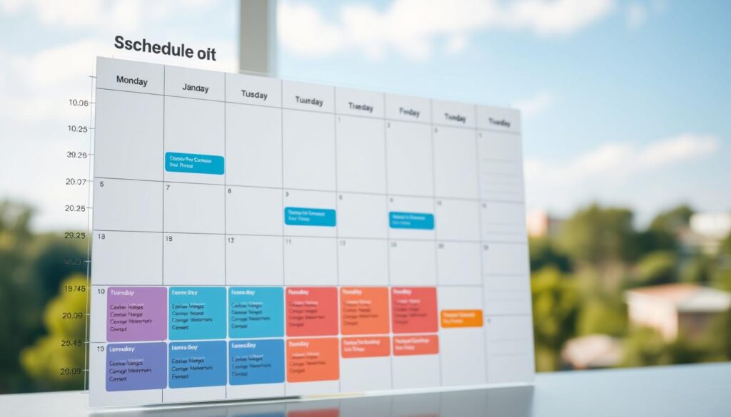 A visually captivating schedule for a university student, featuring a clean and modern layout. The foreground showcases a neatly organized timetable with colorful blocks representing different courses, creating a sense of structure and productivity. The middle ground features a large calendar view, with days and weeks clearly delineated, allowing for easy navigation. The background features a soft, blurred landscape, hinting at the campus environment, creating a calming and focused atmosphere. The lighting is natural and diffused, giving the scene a warm and inviting feel. The overall composition is balanced and visually appealing, making the schedule both functional and aesthetically pleasing.