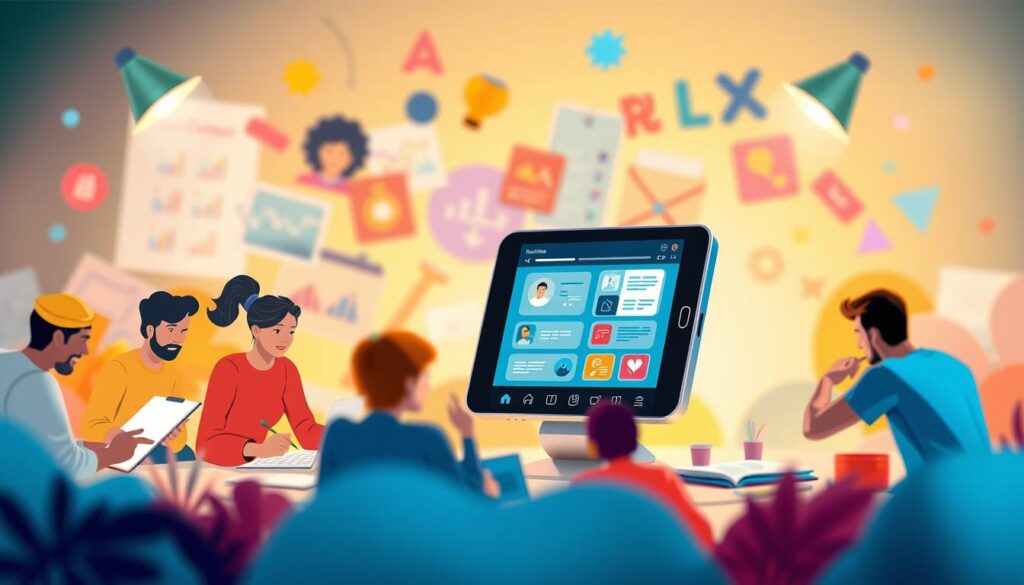 A visually engaging educational Instagram post showcasing an interactive, informative, and captivating content creation concept. In the foreground, a stylized graphic illustration depicts a diverse group of people engaged in various creative activities, such as sketching, coding, and brainstorming. The middle ground features a sleek, modern digital device displaying an interactive educational interface, drawing the viewer's attention. The background sets a vibrant, colorful, and dynamic scene, evoking a sense of innovation and creativity. Lighting is soft and diffused, creating a warm, inviting atmosphere. The overall composition conveys a sense of dynamism, collaboration, and the joy of learning through interactive, visually appealing educational content.