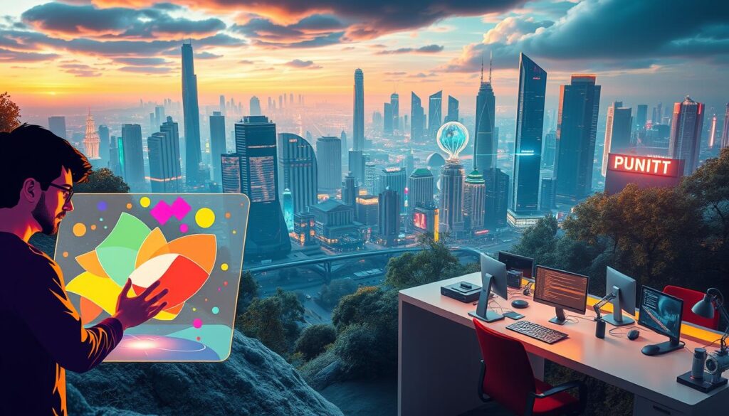 A visually striking digital landscape showcasing a diverse array of creative career paths. In the foreground, a stylized graphic designer manipulates vibrant, abstract shapes on a holographic display, their workspace bathed in warm, diffused lighting. In the middle ground, a team of animators collaborate on a dynamic 3D character model, their workstations arranged in a sleek, futuristic office. The background reveals a bustling metropolis, skyscrapers and neon signage reflecting the pulse of the digital world, hinting at the vast potential for innovation and self-expression in the creative and digital industries.