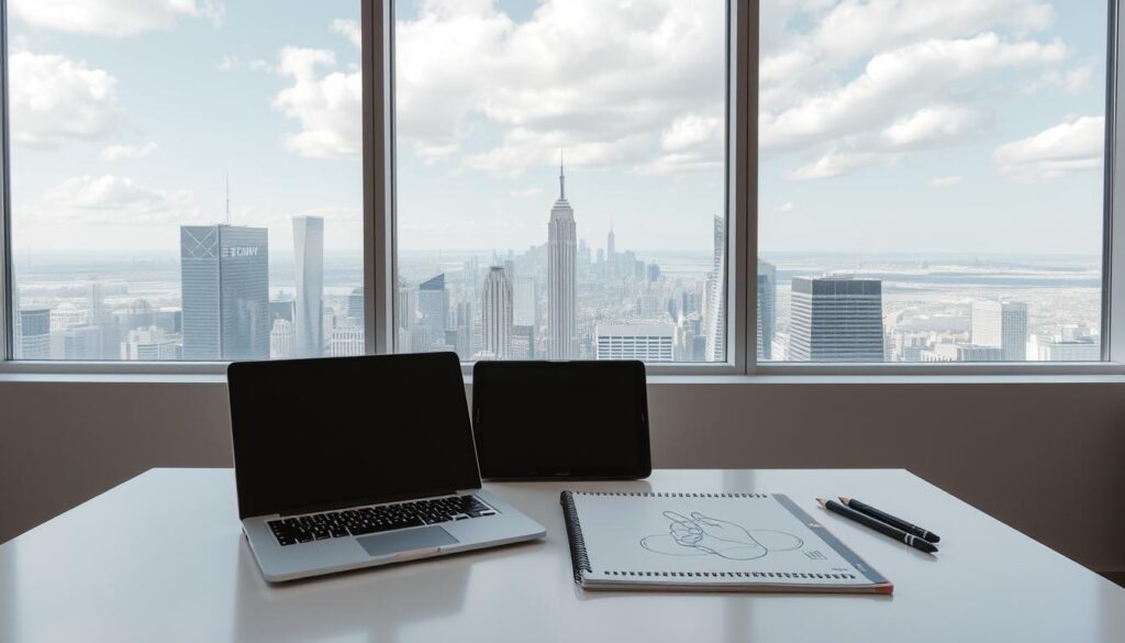 a professional freelance portfolio featuring a laptop, sketchbook, and drawing tablet on a minimalist desk with a large window overlooking a city skyline, natural lighting illuminating the scene, a sense of productivity and creativity, a sleek and modern aesthetic