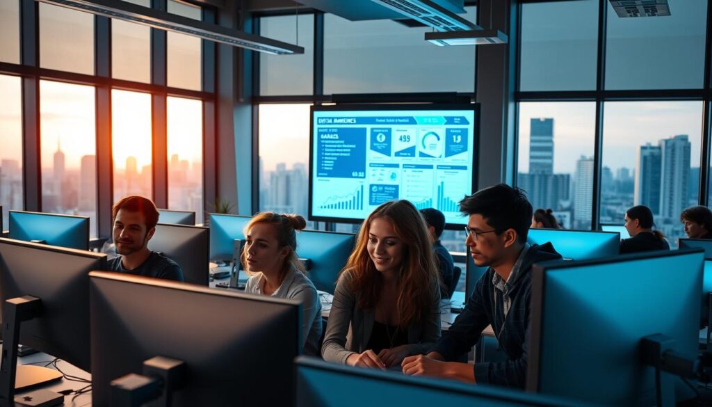 A modern, digital business classroom with sleek computers and screens. The foreground features a group of young, engaged students collaborating on a project, their faces illuminated by the glow of their displays. The middle ground showcases a large interactive whiteboard displaying digital marketing strategies and analytics. In the background, large windows provide natural light and a view of a bustling urban skyline, symbolizing the dynamic, tech-driven nature of the digital business field. The overall atmosphere is one of innovation, creativity, and the fusion of technology and entrepreneurship.