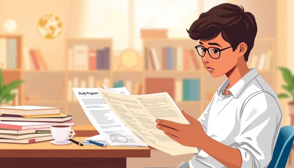 An illustration of a young person thoughtfully examining study program options, set against a backdrop of academic materials and a soft, warm lighting. The foreground depicts the student poring over informational brochures and leafing through a laptop, their expression contemplative as they weigh their interests and career aspirations. The middle ground showcases a neatly organized desk with textbooks, stationery, and a cup of coffee, suggesting a scholarly environment. The background features blurred bookshelves and a window, creating a sense of introspection and focus. The overall scene conveys the careful, deliberative process of choosing the right academic path.